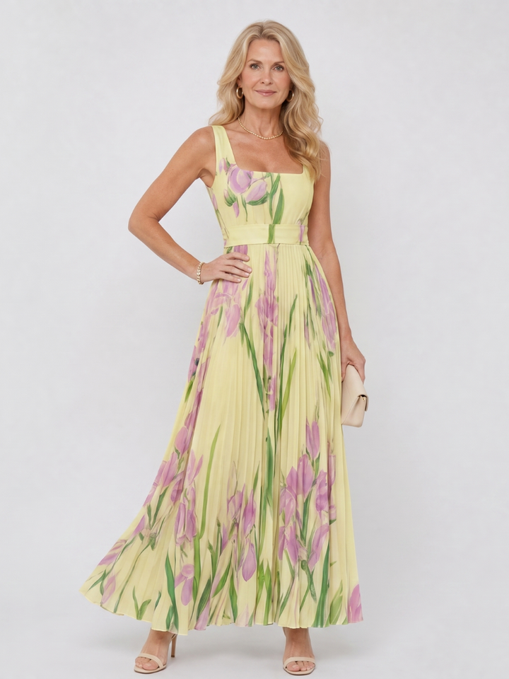 Chloe - Sleeveless Satin Midi Dress with Square Neck and Pleats