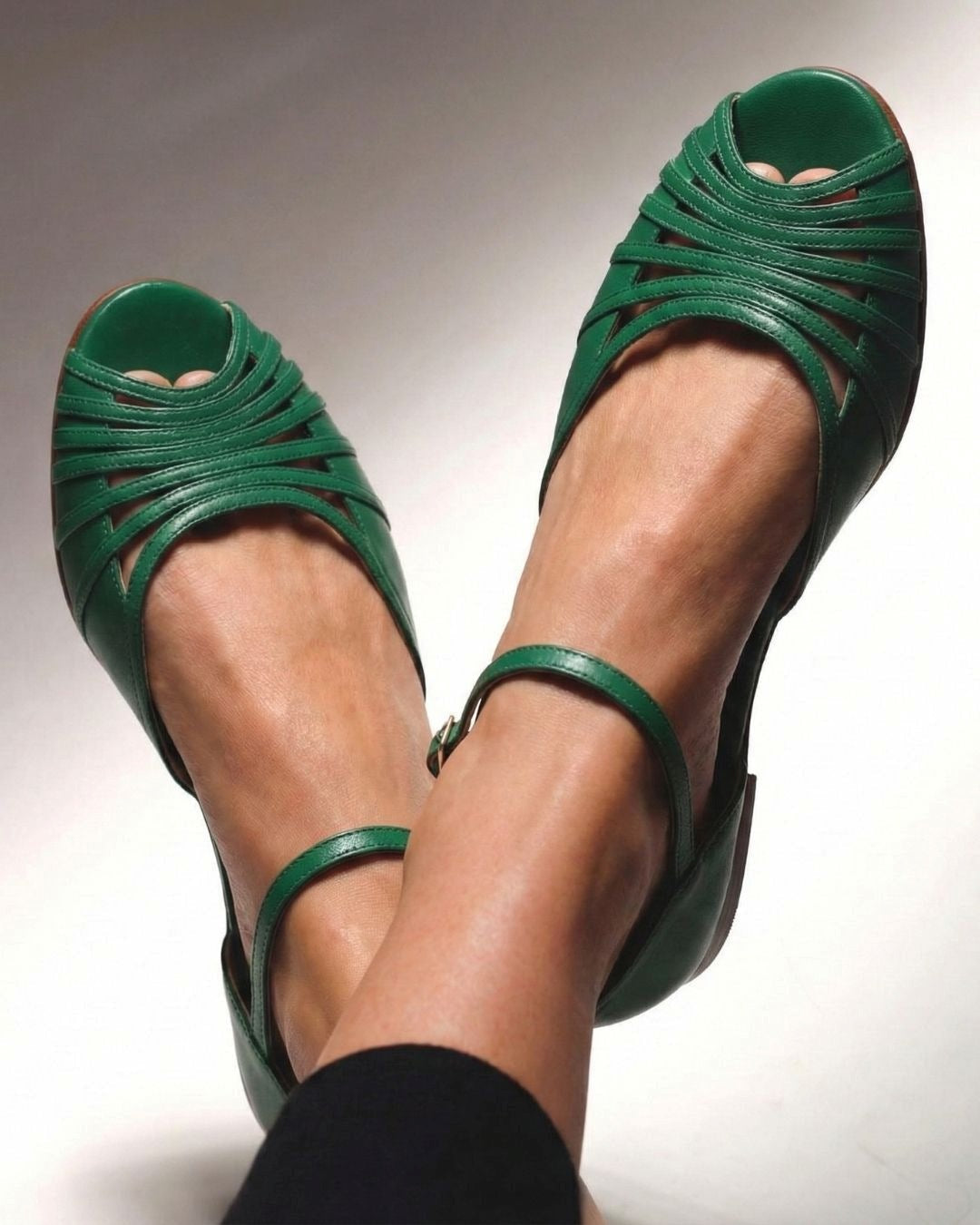 Pia – Green Woven Flat Peep-Toe Sandals with Ankle Strap – Byron Grace