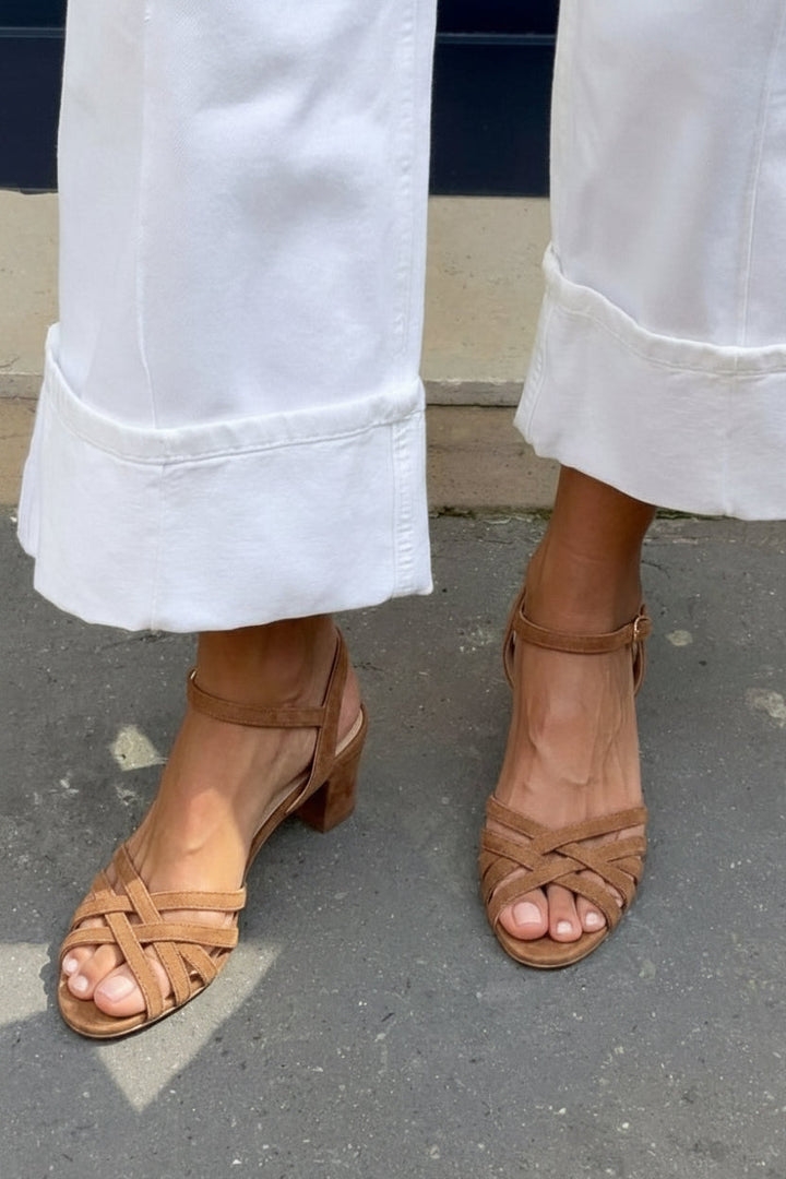 Gemma – Camel Suede Sandals with Ankle Buckle and Criss-Cross Straps – Byron Grace