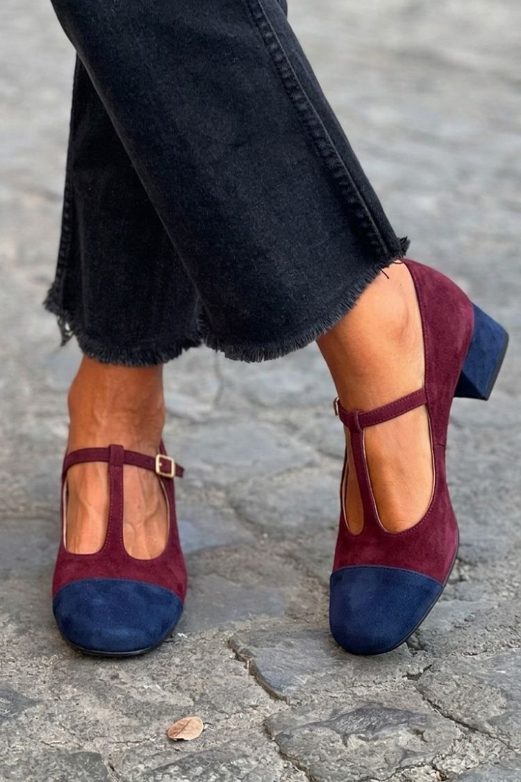 Esme – Red Patchwork Round-Toe Chunky Heels with Buckle and T-Strap – Byron Grace