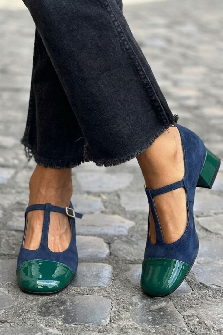 Ramona – Purple Colour-Block Round-Toe Chunky Heels with Buckle and T-Strap – Byron Grace