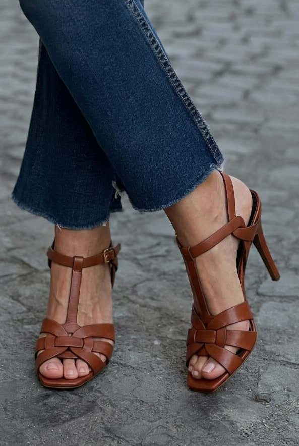 Willow – Woven Open-Toe Stiletto Sandals with T-Strap and Straps – Byron Grace