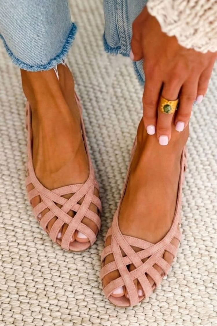 Giulia – Antique Pink Chic Woven Suede Cut-Out Ballet Flats with Straps – Byron Grace