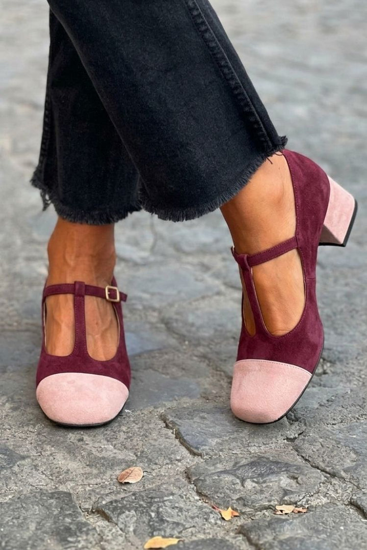 Esme – Red Patchwork Round-Toe Chunky Heels with Buckle and T-Strap – Byron Grace