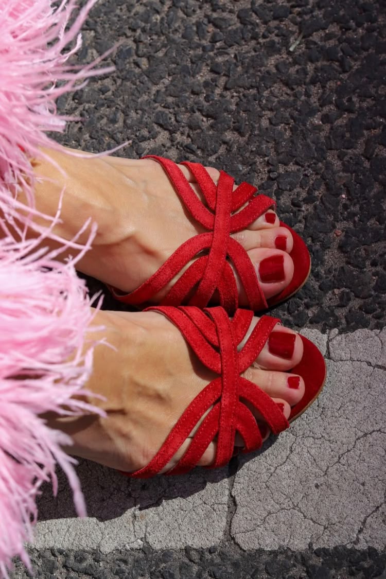 Rafaela – Red Suede Open-Toe Sandals with Criss-Cross Straps – Byron Grace
