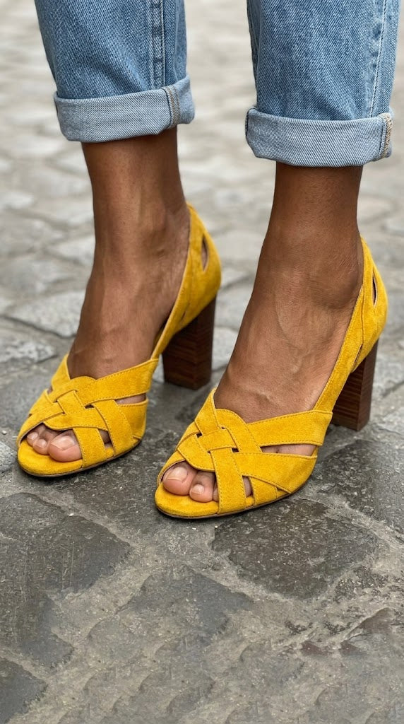 Dulcie – Mustard Woven Suede Cut-Out Peep-Toe Block Heels – Byron Grace