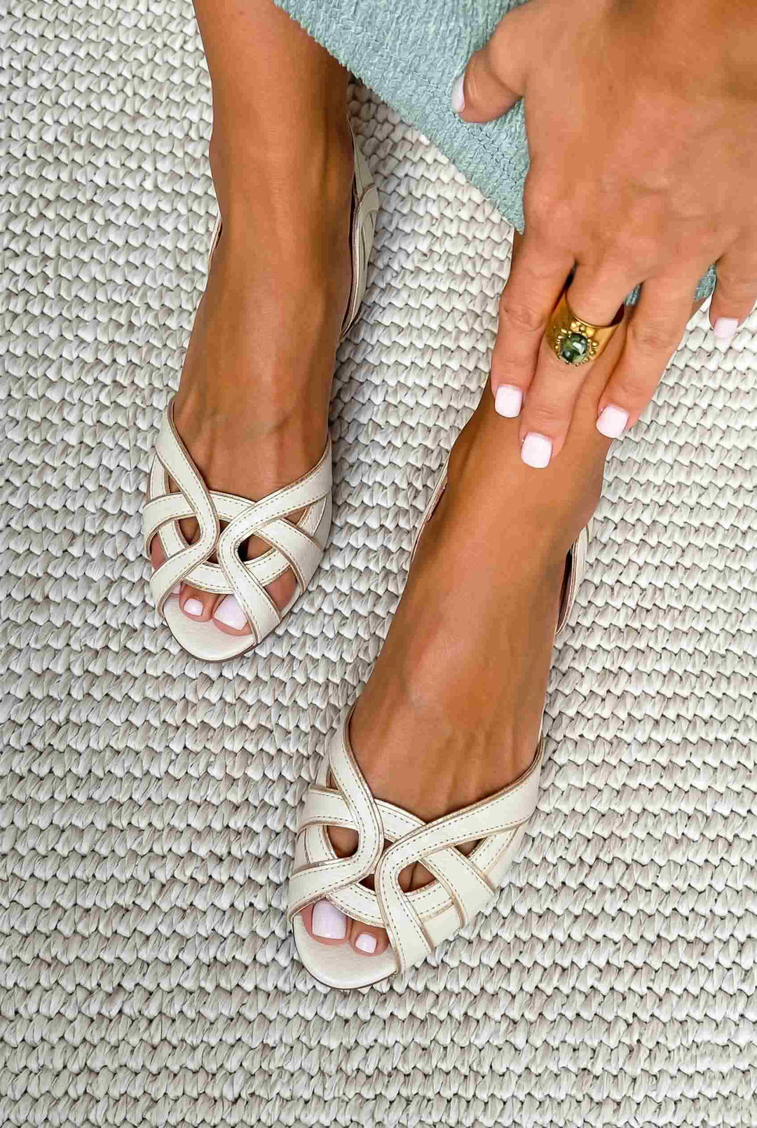 Fabiana – White Flat Cut-Out Peep-Toe Slingback Sandals with Straps – Byron Grace