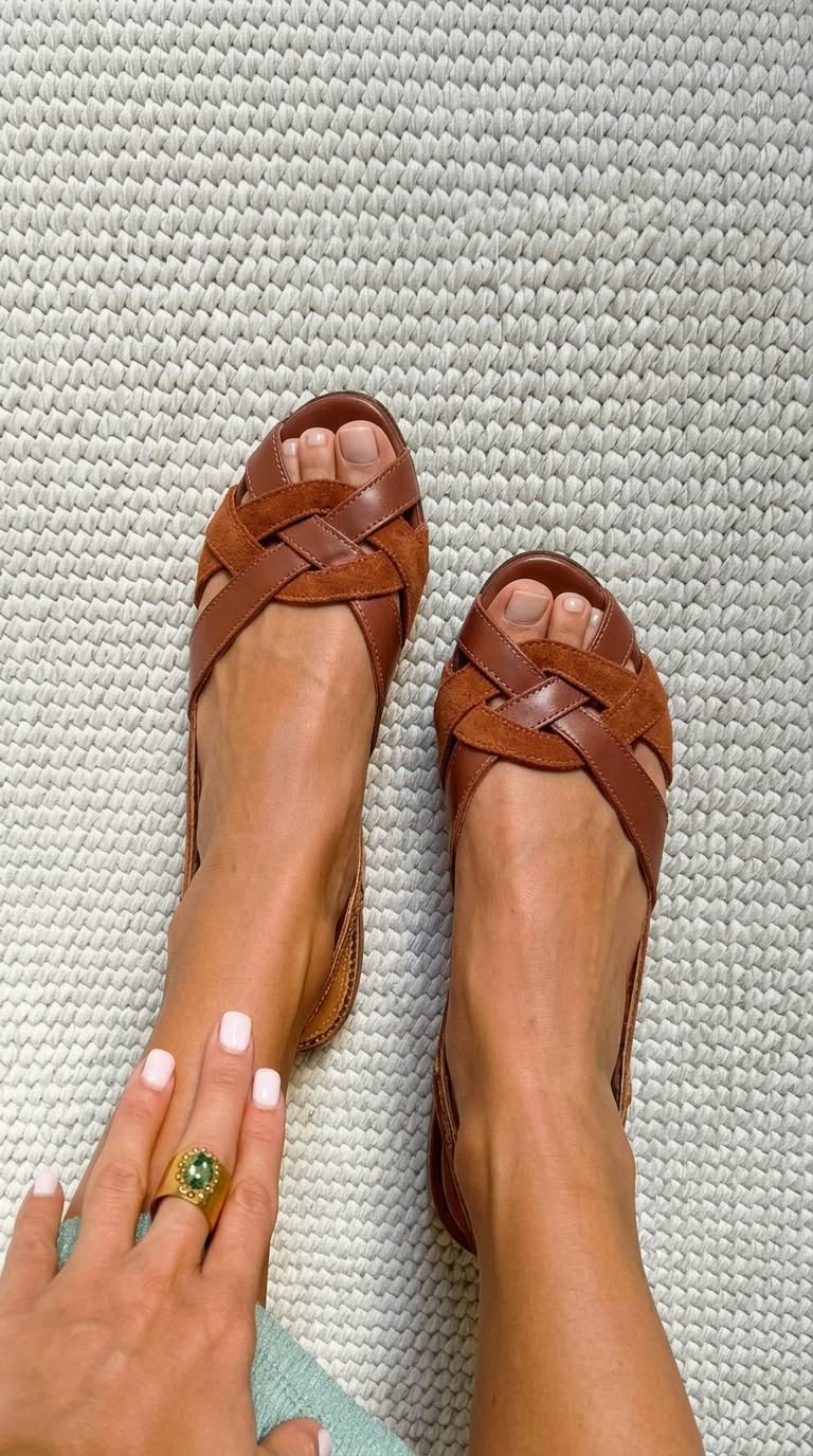 Opal – Brown Flat Open-Toe Slingback Sandals with Criss-Cross Straps – Byron Grace