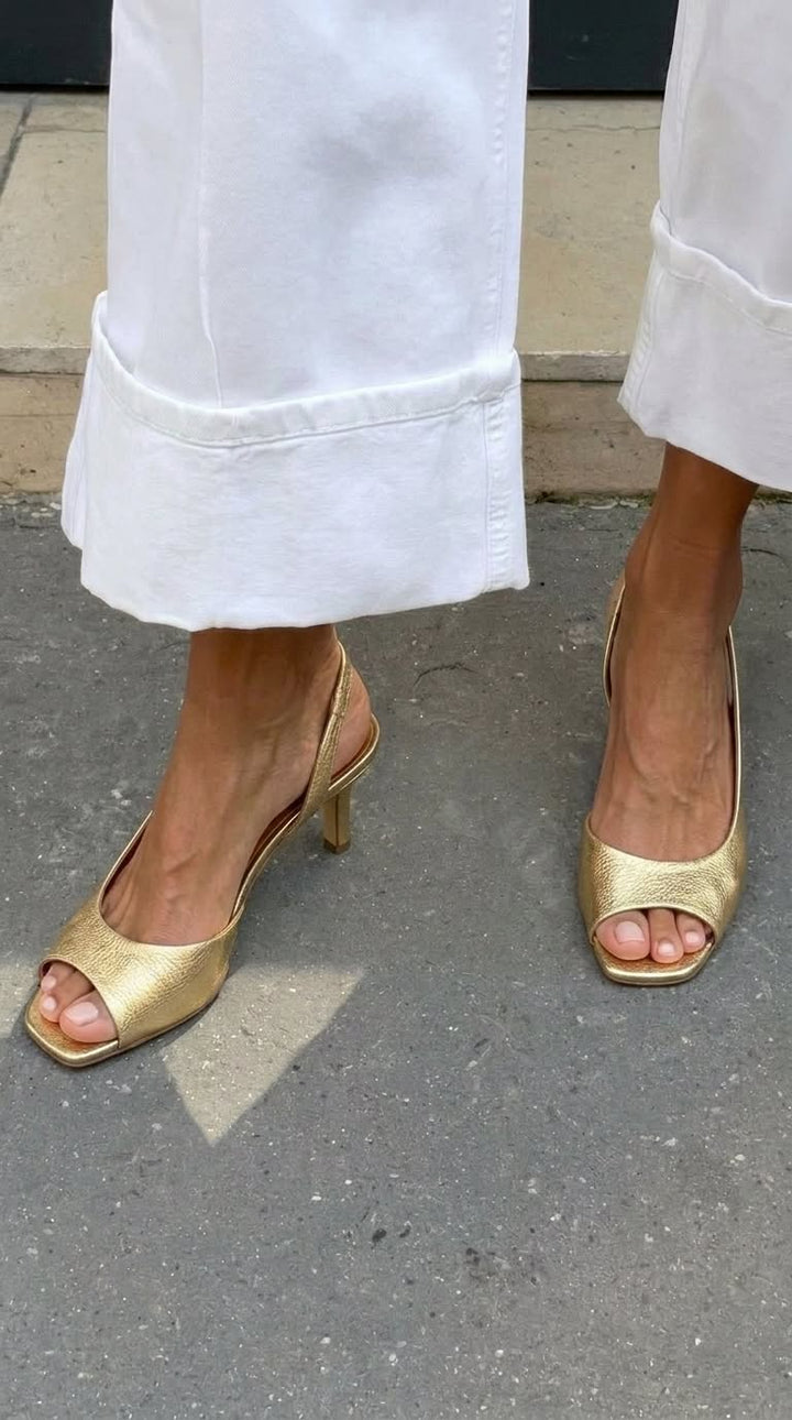 Perla – Gold Metallic Peep-Toe Slingback Kitten Heels – Byron Grace