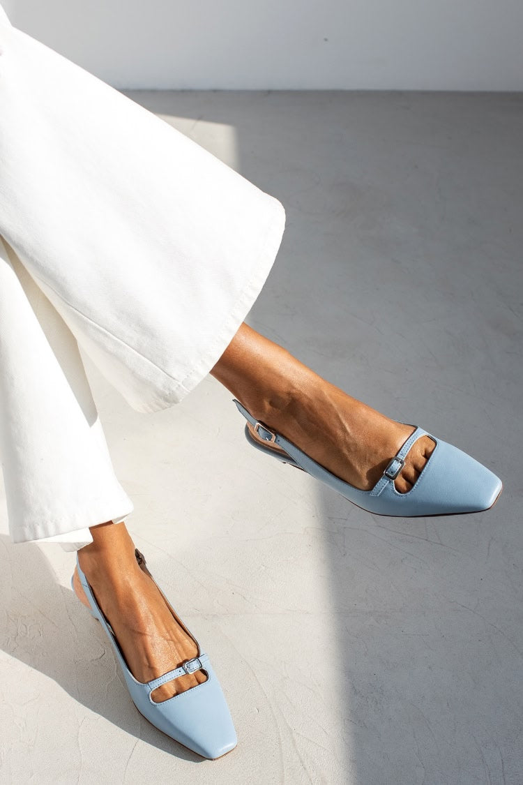 Blythe – Light Blue Leather Square-Toe Cut-Out Slingback Ballet Flats – Byron Grace