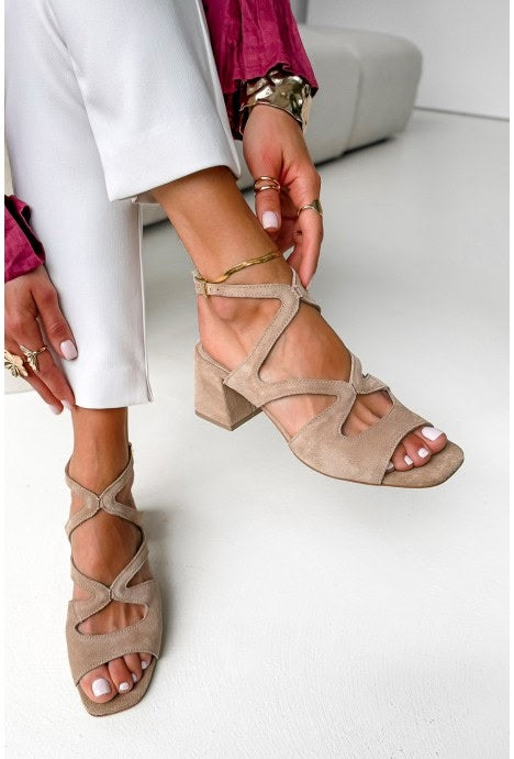 Tessa – Beige Suede Square-Toe Block Heels with Ankle Strap – Byron Grace