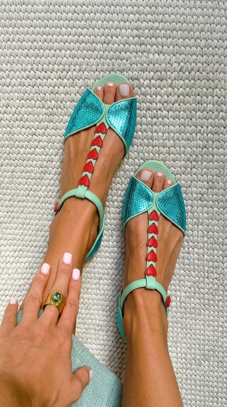 Aurora – Teal and Red Flat Peep-Toe Sandals with T-Strap and Heart – Byron Grace