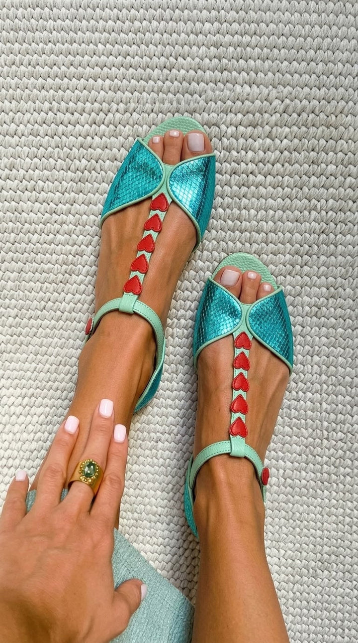 Aurora – Teal and Red Flat Peep-Toe Sandals with T-Strap and Heart – Byron Grace