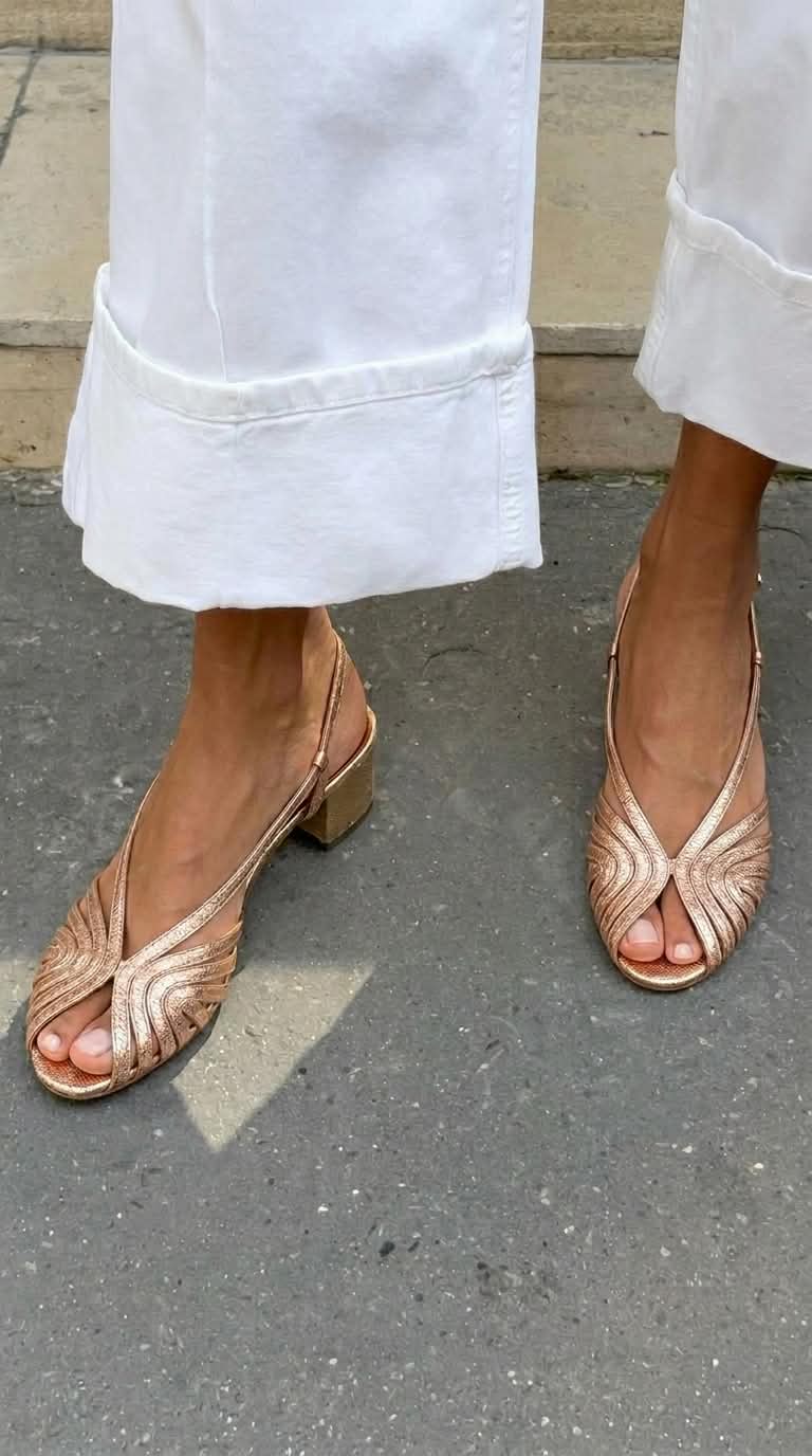 Genevieve – Rose Gold Woven Metallic Peep-Toe Slingback Block Heels – Byron Grace