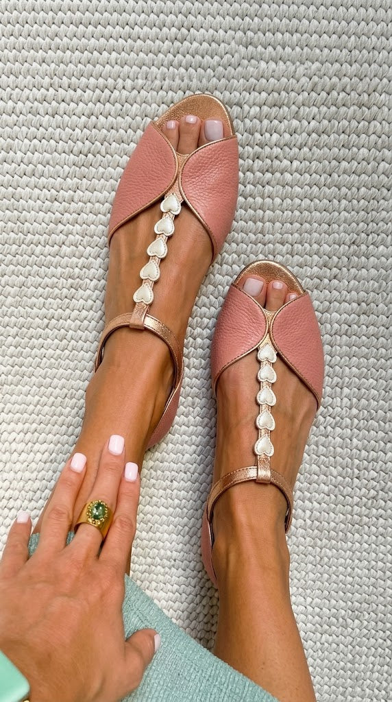 Ida – Pink Flat Peep-Toe Sandals with T-Strap and Heart Detail – Byron Grace