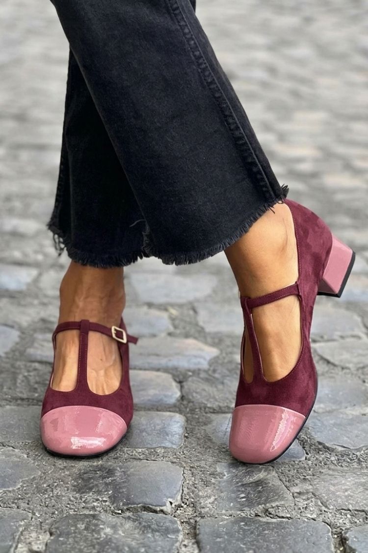Ramona – Purple Colour-Block Round-Toe Chunky Heels with Buckle and T-Strap – Byron Grace