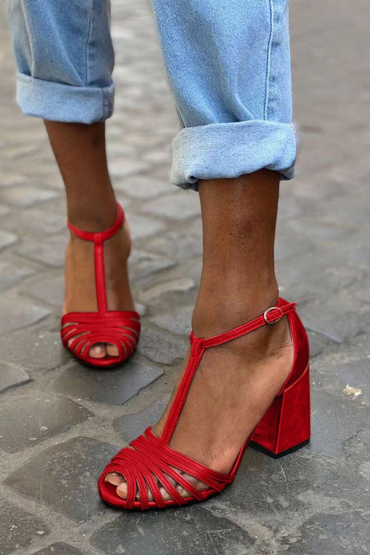 Tamsin – Peep-Toe Chunky Heels with Buckle, T-Strap and Straps – Byron Grace