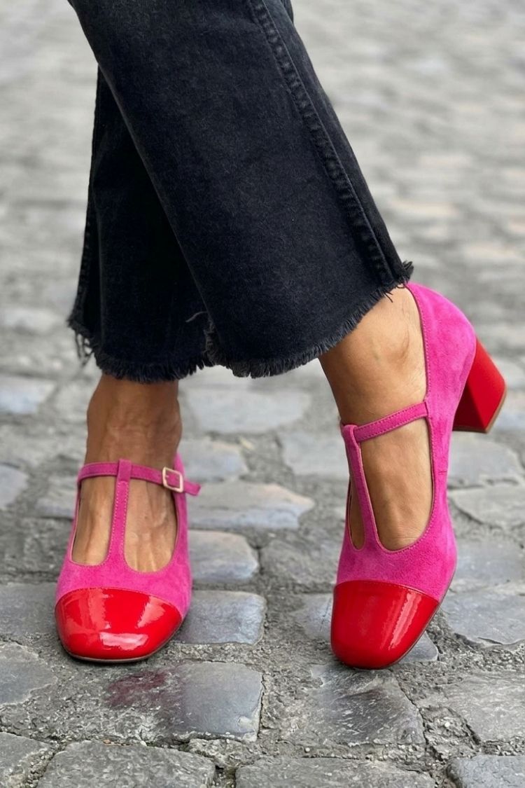 Ramona – Purple Colour-Block Round-Toe Chunky Heels with Buckle and T-Strap – Byron Grace