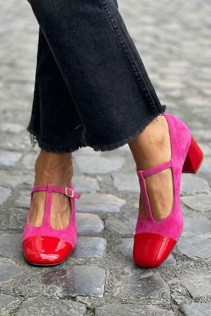 Ramona – Purple Colour-Block Round-Toe Chunky Heels with Buckle and T-Strap – Byron Grace