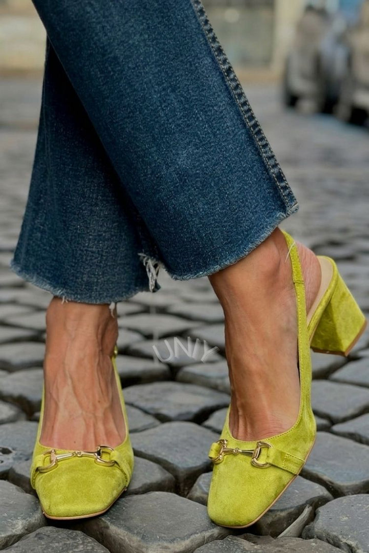 Layla – Olive Suede Slingback Block Heels – Byron Grace