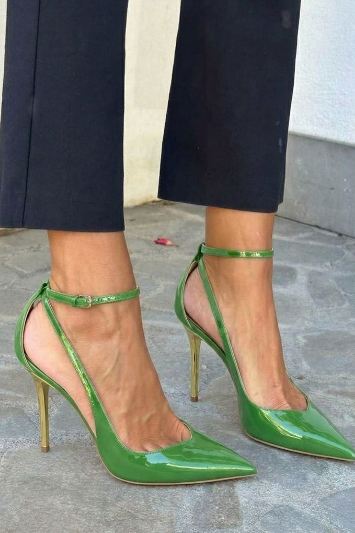 Rhea – Black Patent Stiletto Heels with Ankle Strap – Byron Grace