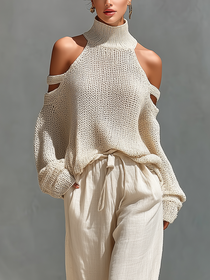 MARIA - Knit Fabric Cold-Shoulder Turtleneck Top & Wide-Leg Pants Set