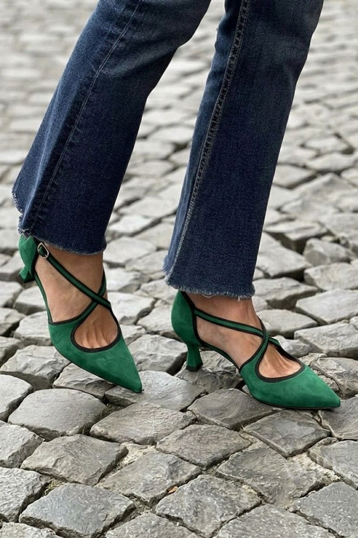 Katarina – Khaki Plain Pointed Low Heels with Buckle and Criss-Cross Straps – Byron Grace