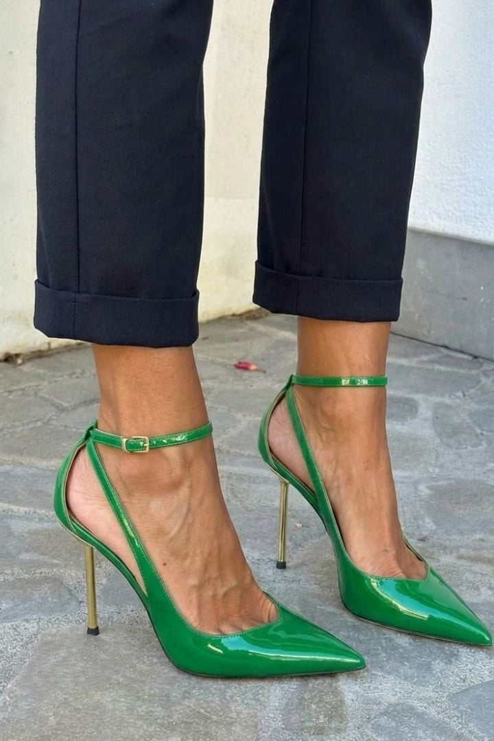 Rhea – Black Patent Stiletto Heels with Ankle Strap – Byron Grace