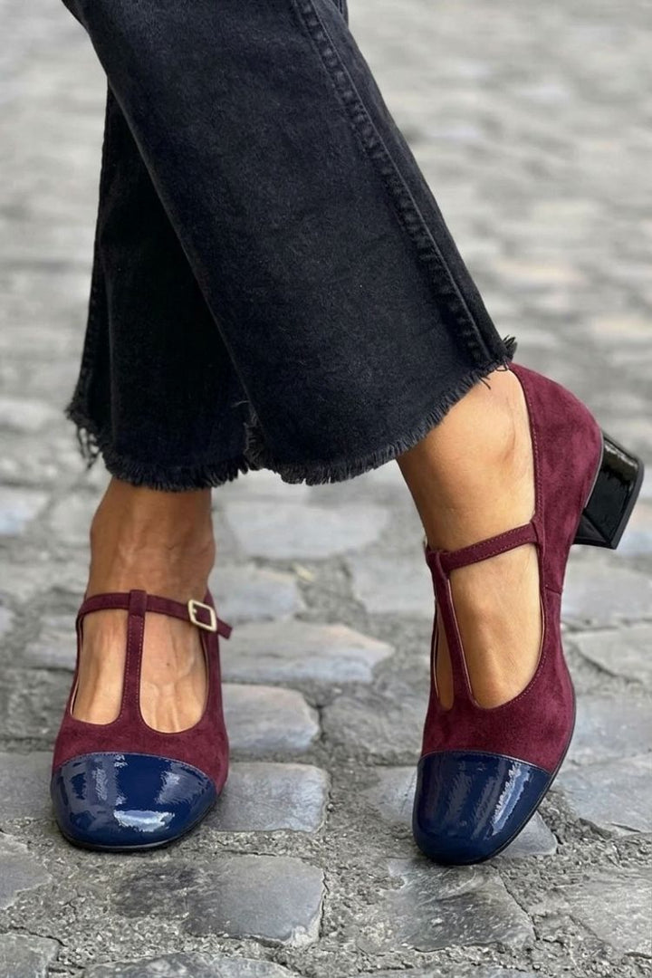 Ramona – Purple Colour-Block Round-Toe Chunky Heels with Buckle and T-Strap – Byron Grace