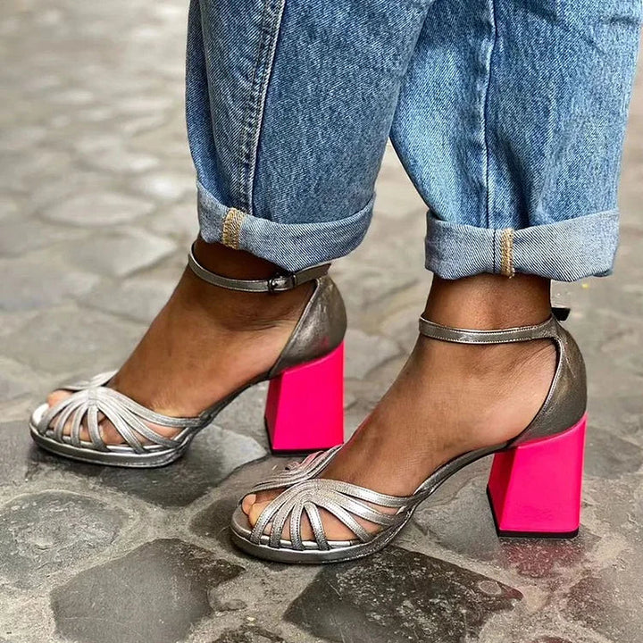 Adriana – Elegant Shiny Colour-Block Peep-Toe Chunky Heels with Ankle Strap and Buckle – Byron Grace