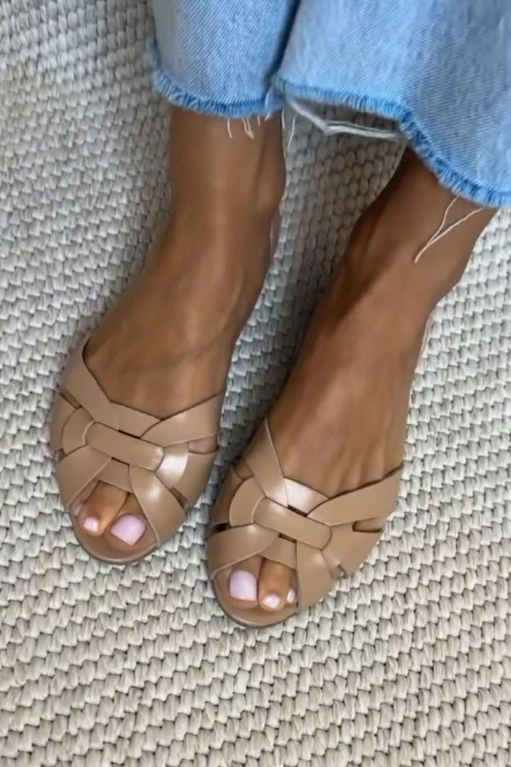 Stella – Woven Faux-Leather Peep-Toe Ballet Flats with Criss-Cross Straps and Closed Back – Byron Grace