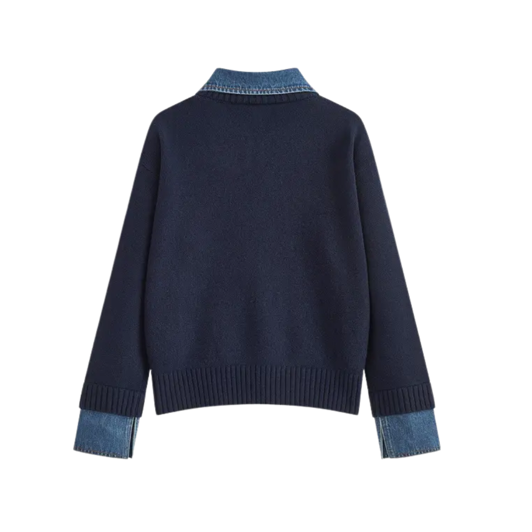 SOLVEI™ – Cozy Polo Denim Sleeve 2 in 1 Panel Lapel Sweater