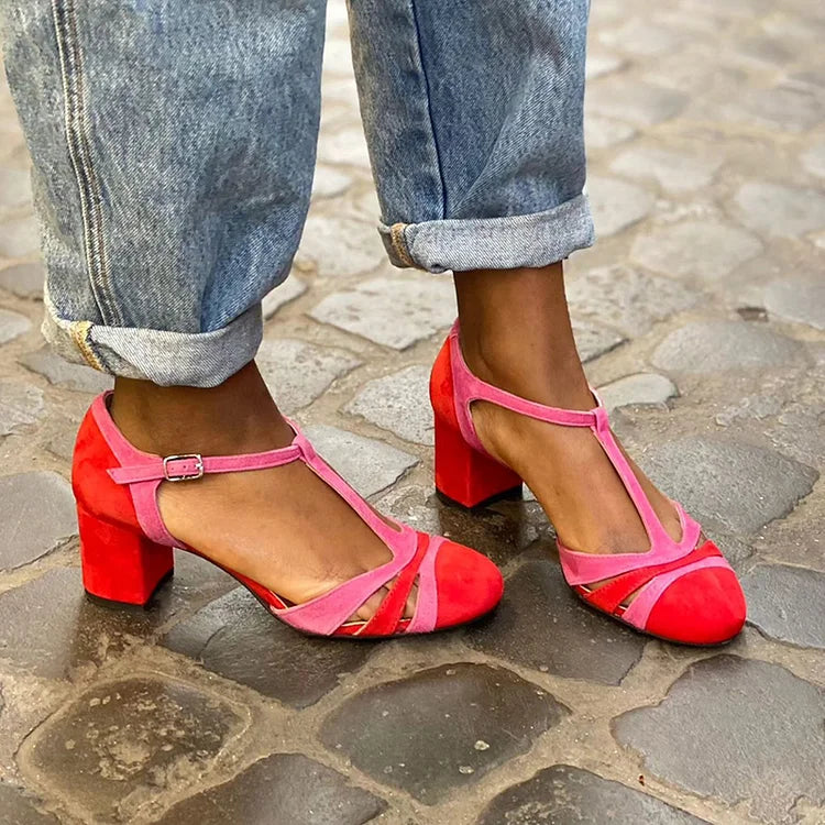 Nerida – Fuchsia Colour-Block Cut-Out Chunky Heels with Buckle and T-Strap – Byron Grace