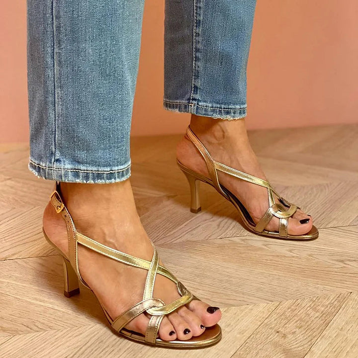 Sabrina – Comfy Glossy Leather Crochet Open-Toe Stiletto Heels with Straps – Byron Grace