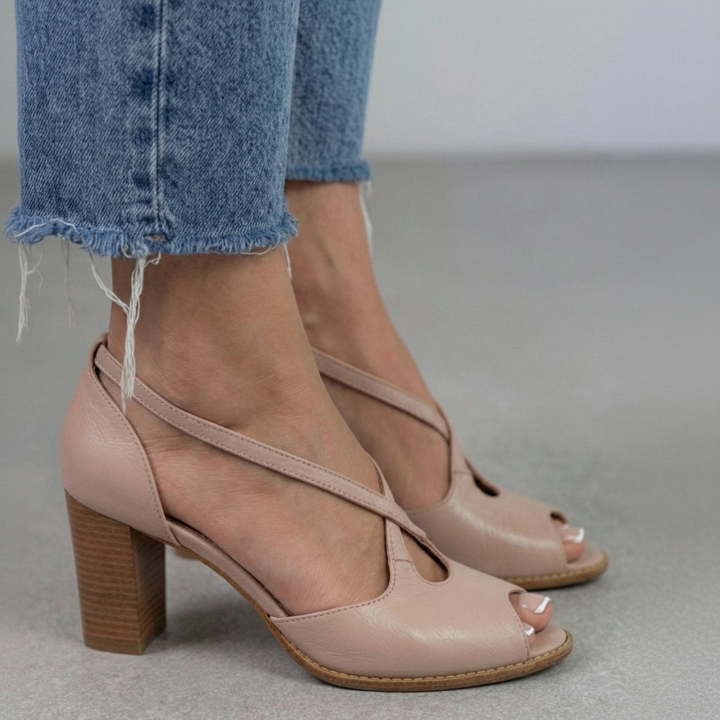Wren – Blush and Pink Elegant Open-Toe Sandals with Criss-Cross Straps and Block Heel – Byron Grace
