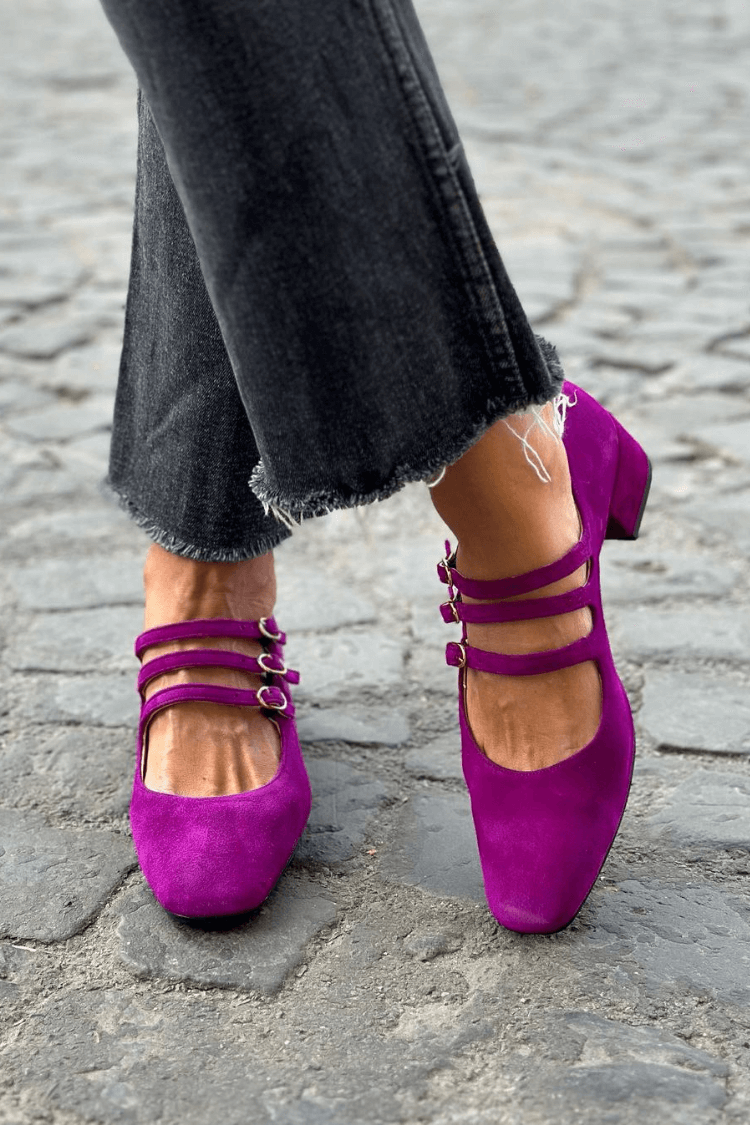 Ottilie – Purple Square-Toe Chunky Heels with Buckle – Byron Grace