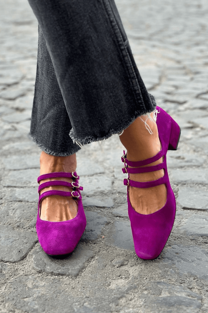 Ottilie – Purple Square-Toe Chunky Heels with Buckle – Byron Grace