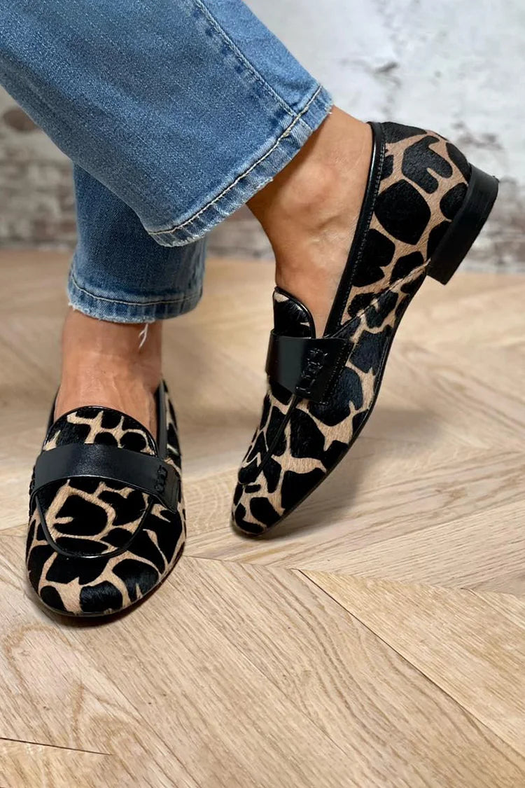 Gloria – Cow-Print Colour-Block Round-Toe Slip-On Loafers – Byron Grace