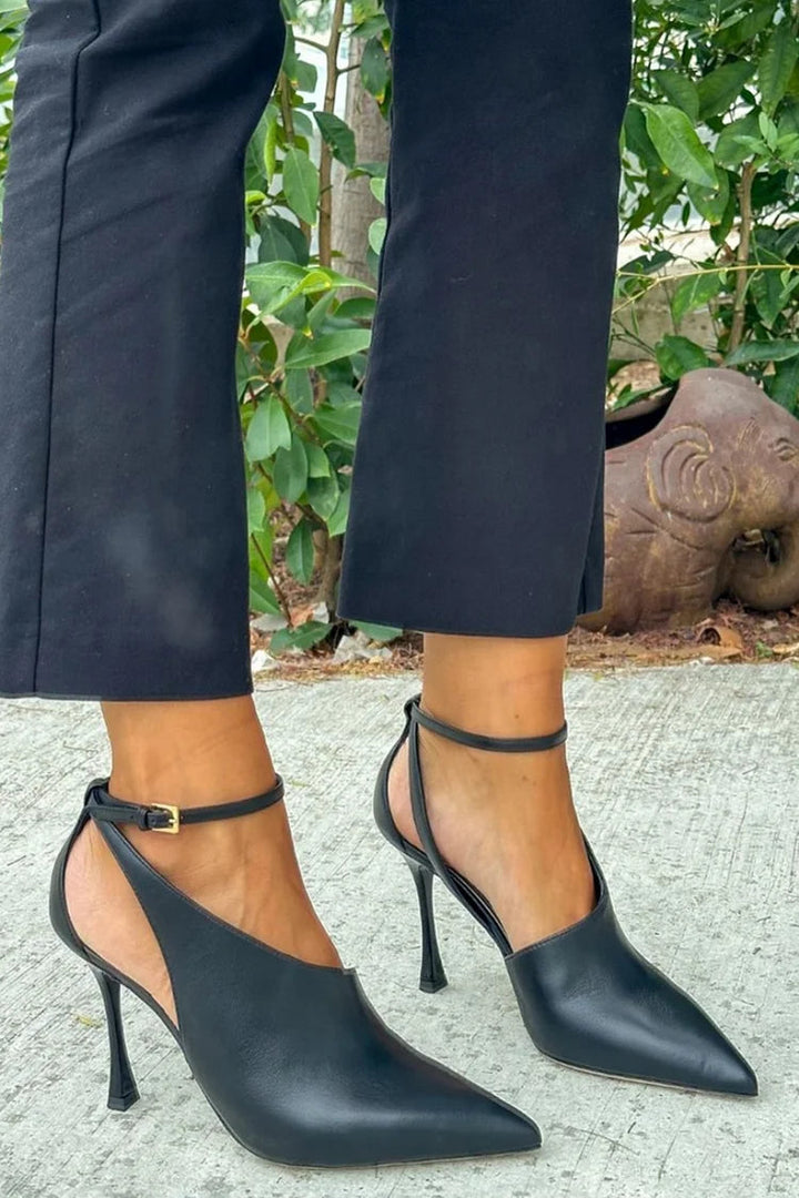 Winona – Black Cut-Out Pointed Stiletto Heels with Ankle Strap and Buckle – Byron Grace