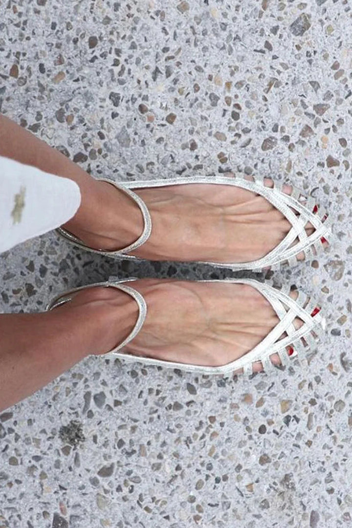 Uma – Silver Round-Toe Cut-Out Sandals with Ankle Strap – Byron Grace
