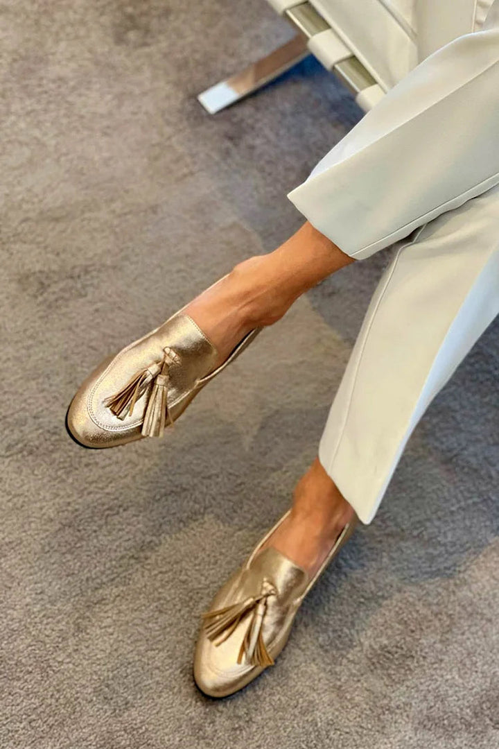Nicola – Gold Glossy Metallic Loafers with Contrast Stitching – Byron Grace