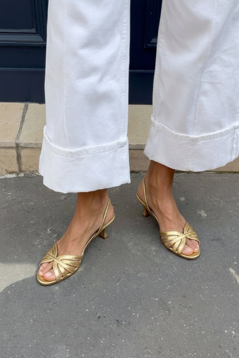 Bonnie – Metallic Slingback Sandals with Criss-Cross Straps and Kitten Heel – Byron Grace
