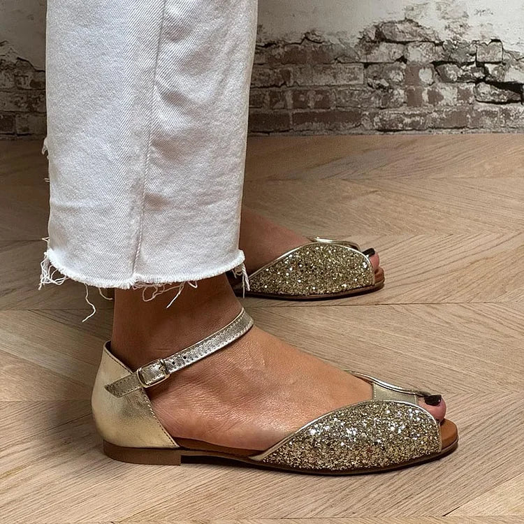 Irene – Gold Glitter Patchwork Peep-Toe Sandals with Ankle Strap and Buckle – Byron Grace