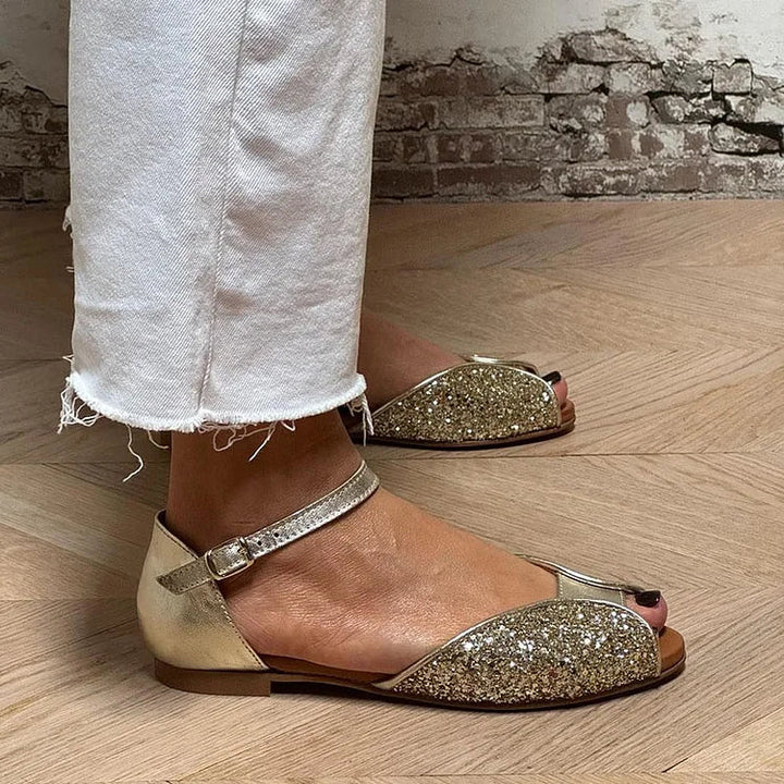 Irene – Gold Glitter Patchwork Peep-Toe Sandals with Ankle Strap and Buckle – Byron Grace