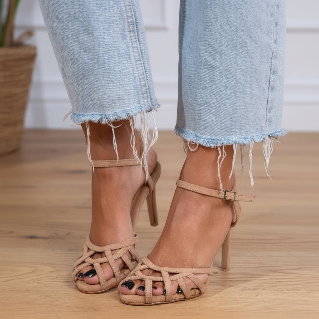 Colette – Woven Suede Cut-Out Stiletto Heels with Ankle Strap – Byron Grace