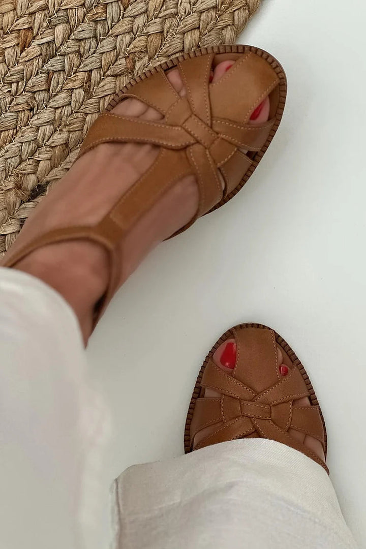 Sasha – Brown Woven Cut-Out Chunky Heels with Buckle and T-Strap – Byron Grace