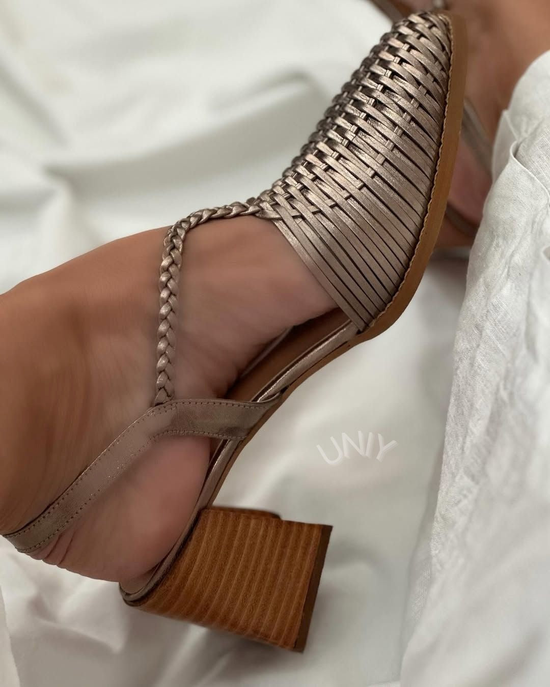 Fleur – Champagne Woven Metallic Pointed Block Heels with Straps – Byron Grace