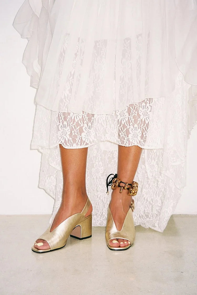 Eve – Gold Glossy Metallic Peep-Toe Slingback Chunky Heels – Byron Grace