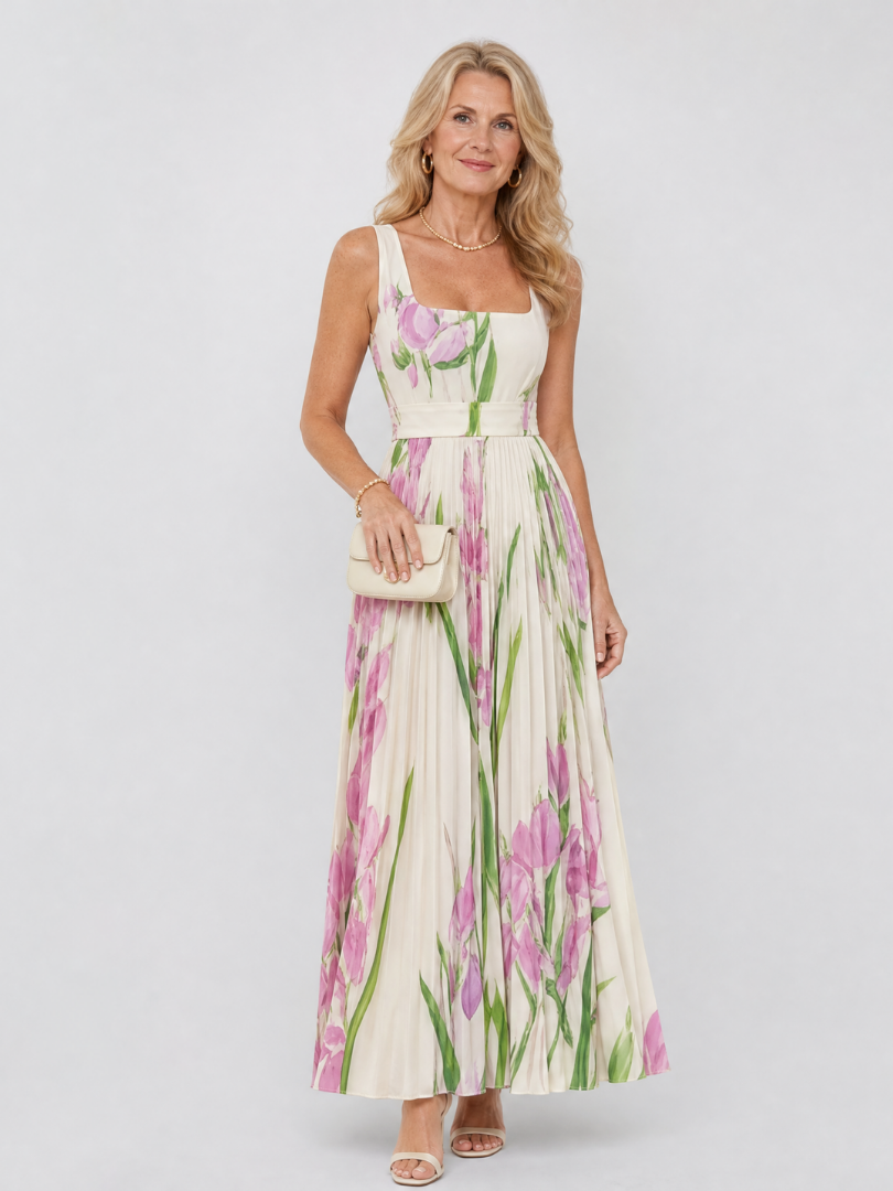 Chloe - Sleeveless Satin Midi Dress with Square Neck and Pleats