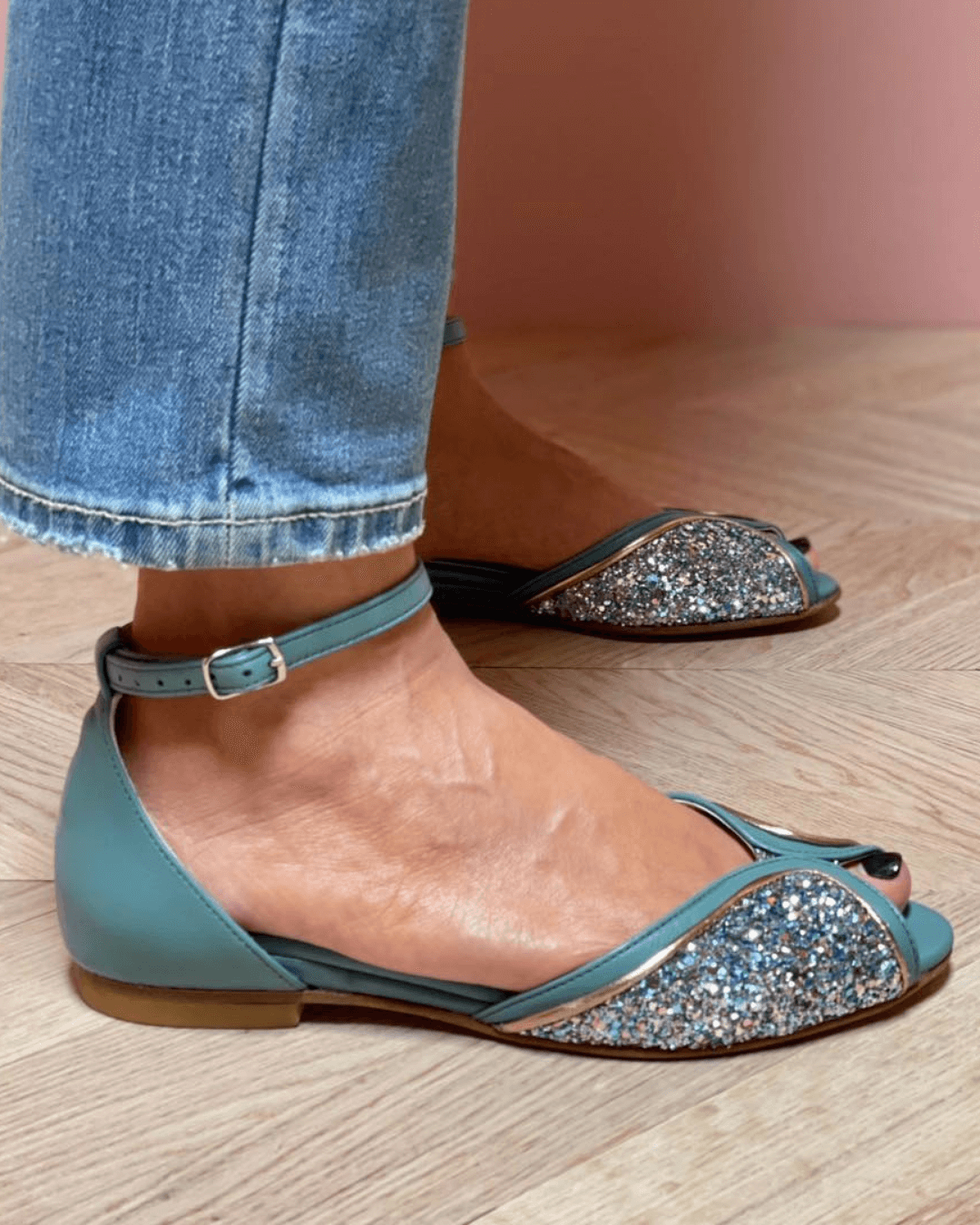 Marina – Glitter Patchwork Peep-Toe Sandals with Ankle Strap and Buckle – Byron Grace
